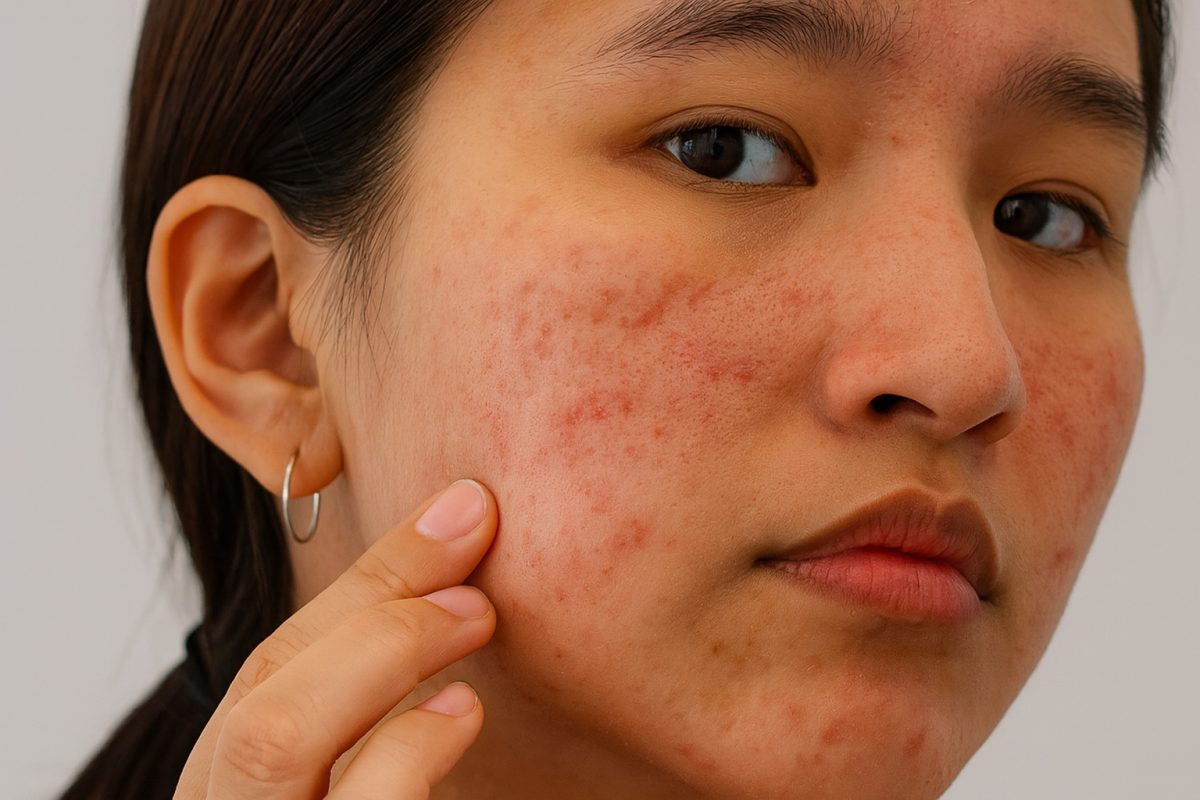 Close-up of facial acne and redness often seen in PCOS, with a woman examining inflamed spots on her cheek.