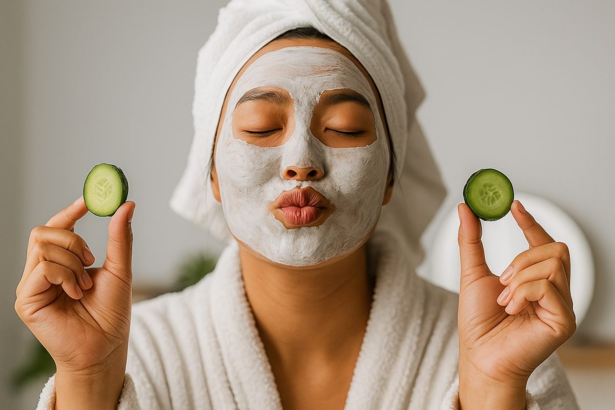 Woman with a DIY clay mask and cucumbers, illustrating risks of home remedies that may irritate or harm sensitive skin.