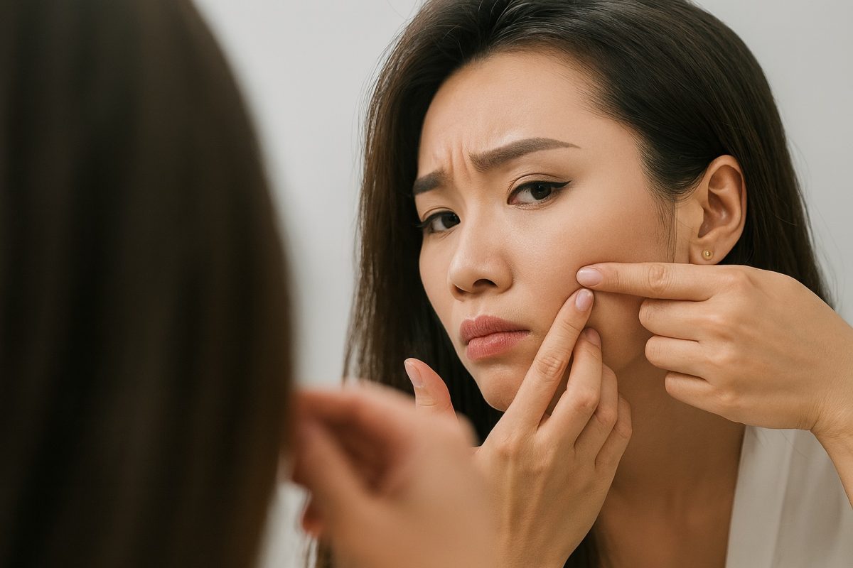 Young woman squeezing a pimple in the mirror, showing the risks of DIY skincare like irritation and acne scarring