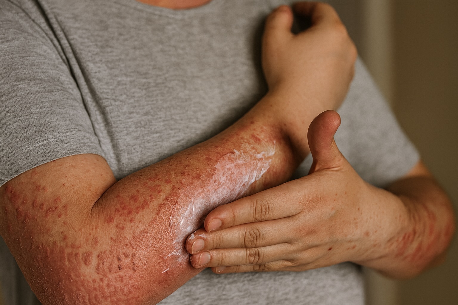 Person applying medicated cream to a red, scaly forearm rash resembling secondary syphilis skin lesions.