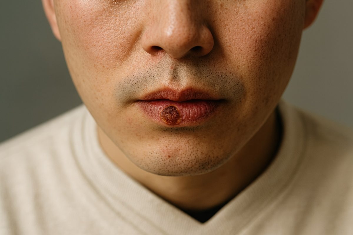 Close-up of a man with a round crusted sore on his lower lip, showing a lesion that may indicate syphilis infection.