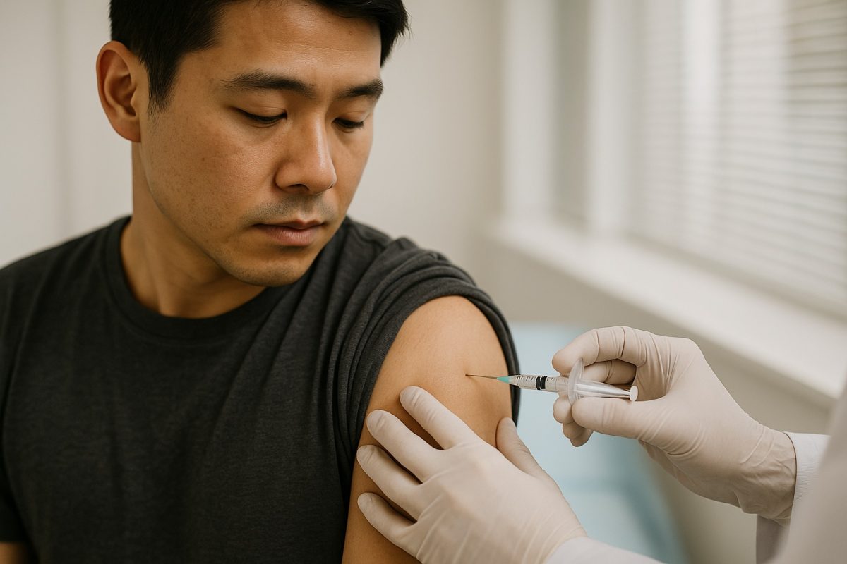 Healthcare professional giving a penicillin injection to treat syphilis as a patient looks down at the medical procedure.