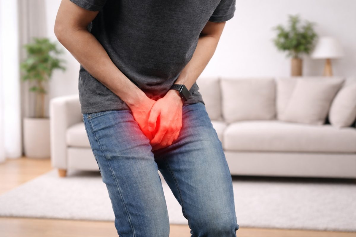 seseorang yang menutup bahagian pangkal pahanya