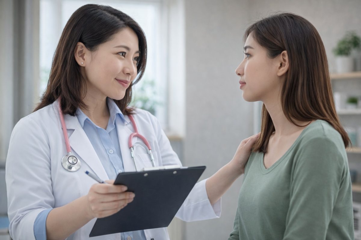Doctor reassuring a patient during consultation, addressing concerns about blue waffle, a viral internet hoax, not a real STI.