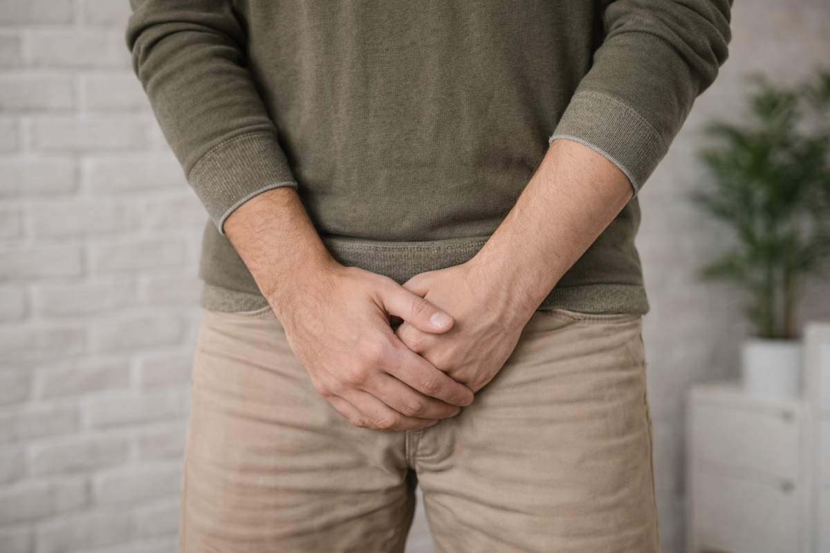 Man holding his groin, showing discomfort or pain that may be linked to a yeast infection.