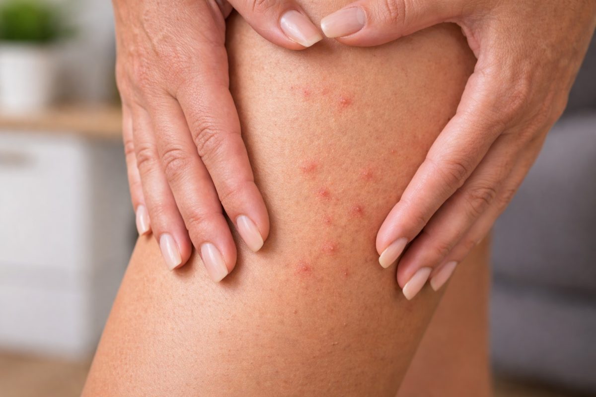 Close-up of scabies symptoms with itchy red bumps on the skin