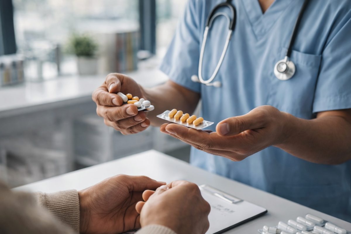 Healthcare professional explaining yeast infection medication and dosage using antifungal capsules.