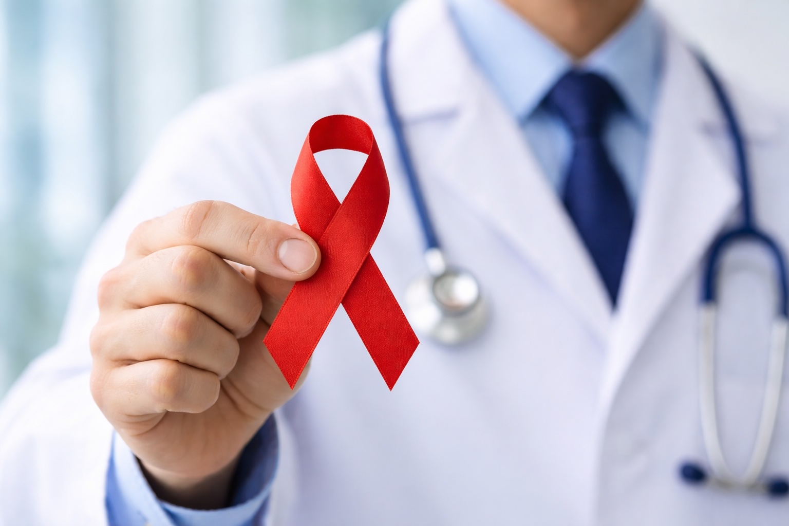 Seorang doktor memegang reben merah untuk kesedaran AIDS.