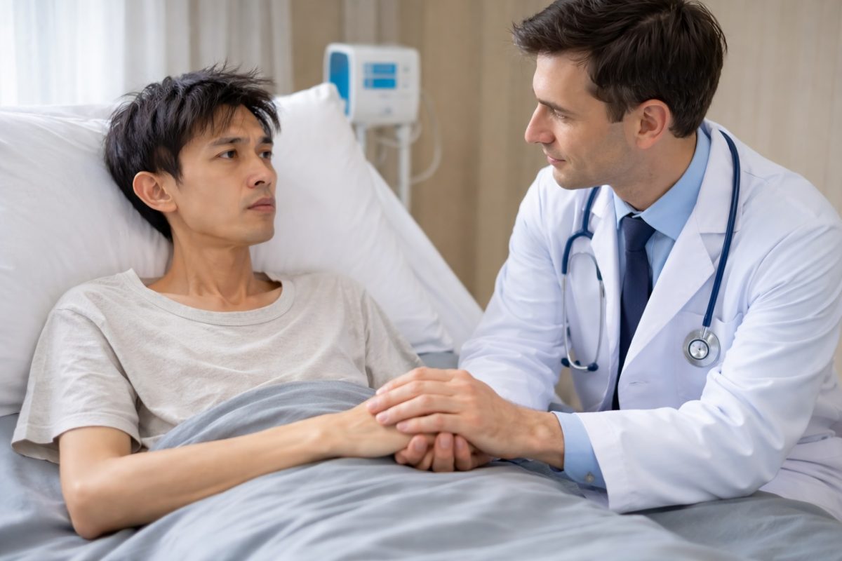 Seorang doktor memegang tangan pesakit.