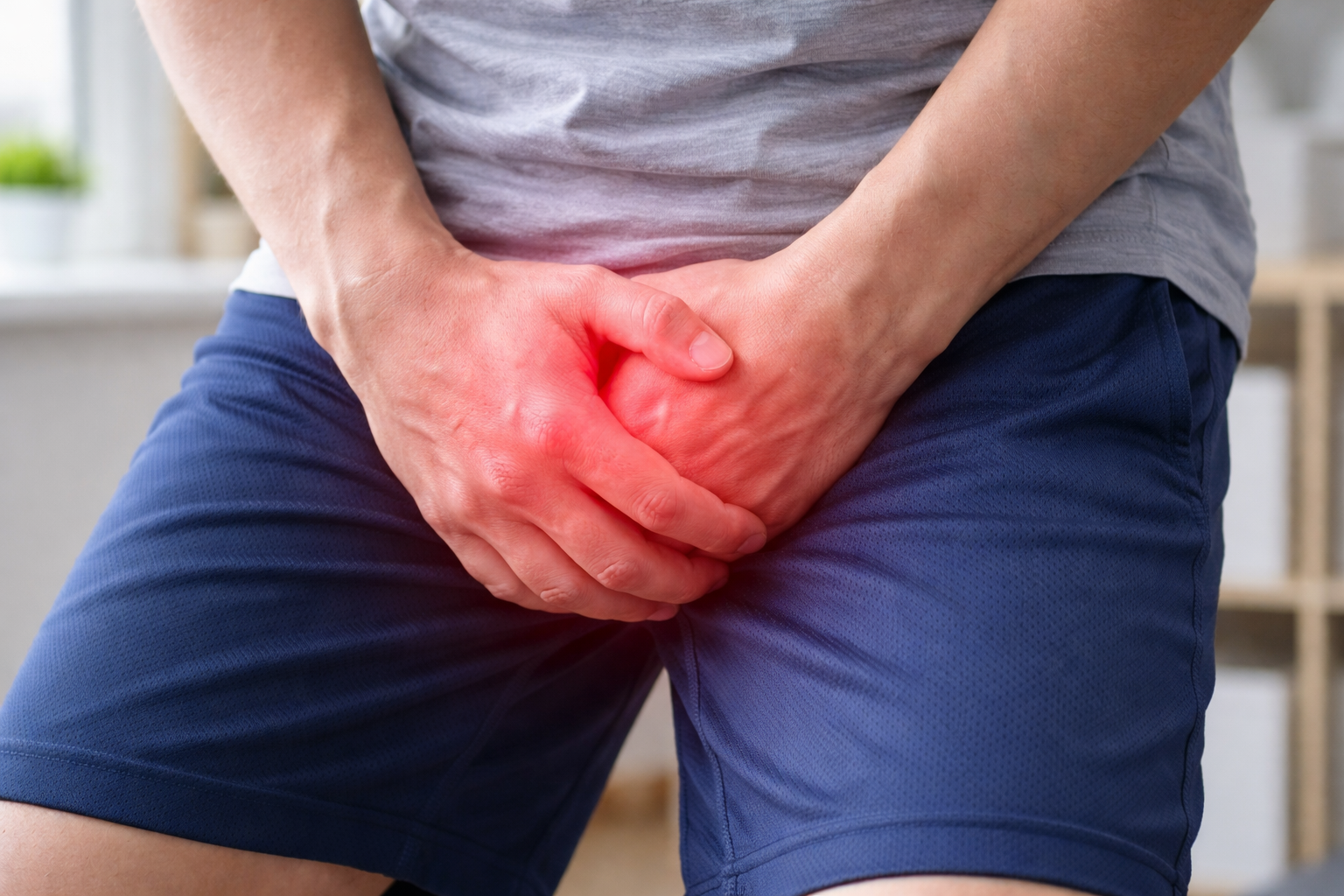 Man experiencing groin discomfort and a burning sensation on the genitals linked to contact dermatitis rash.