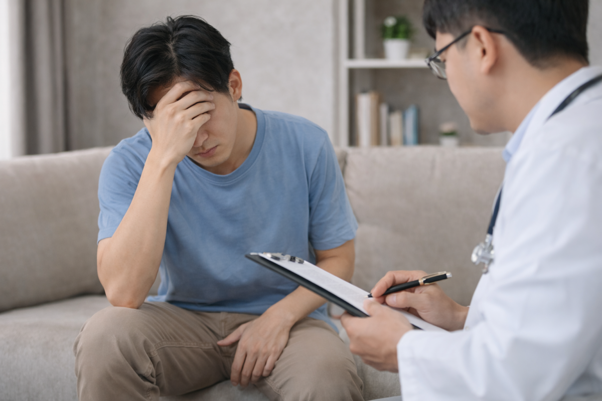 Male patient consulting doctor about burning sensation on genitals and possible skin irritation or STD concerns.
