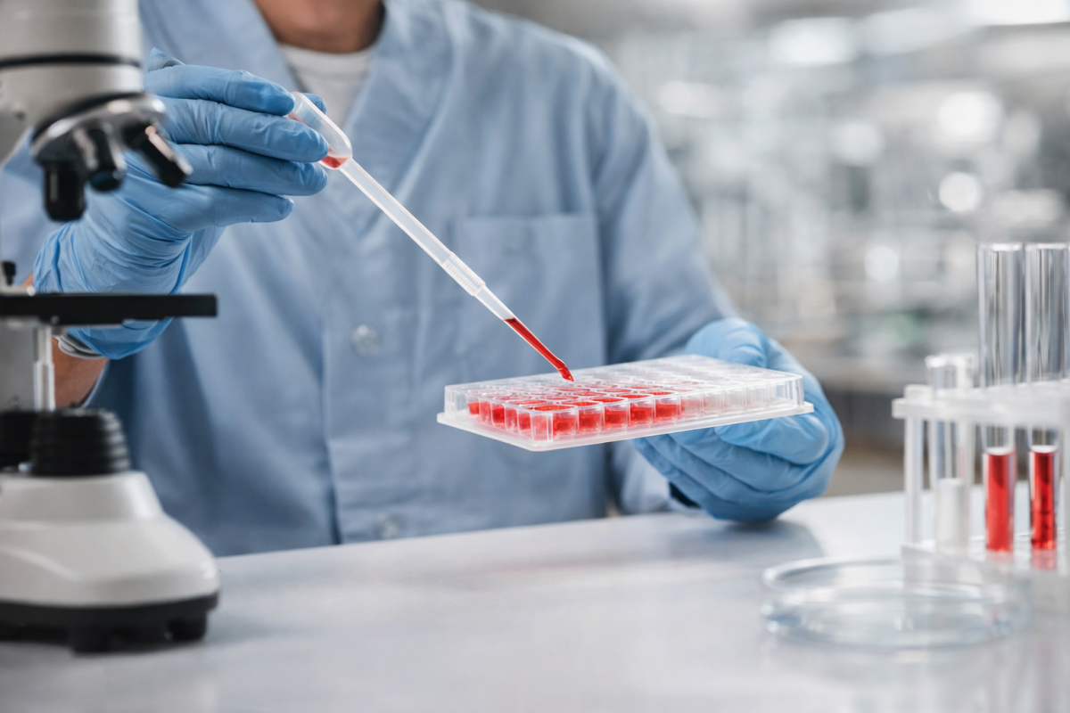 Laboratory technician performing an STD blood test using a pipette and sample tray in a clinical laboratory setting.