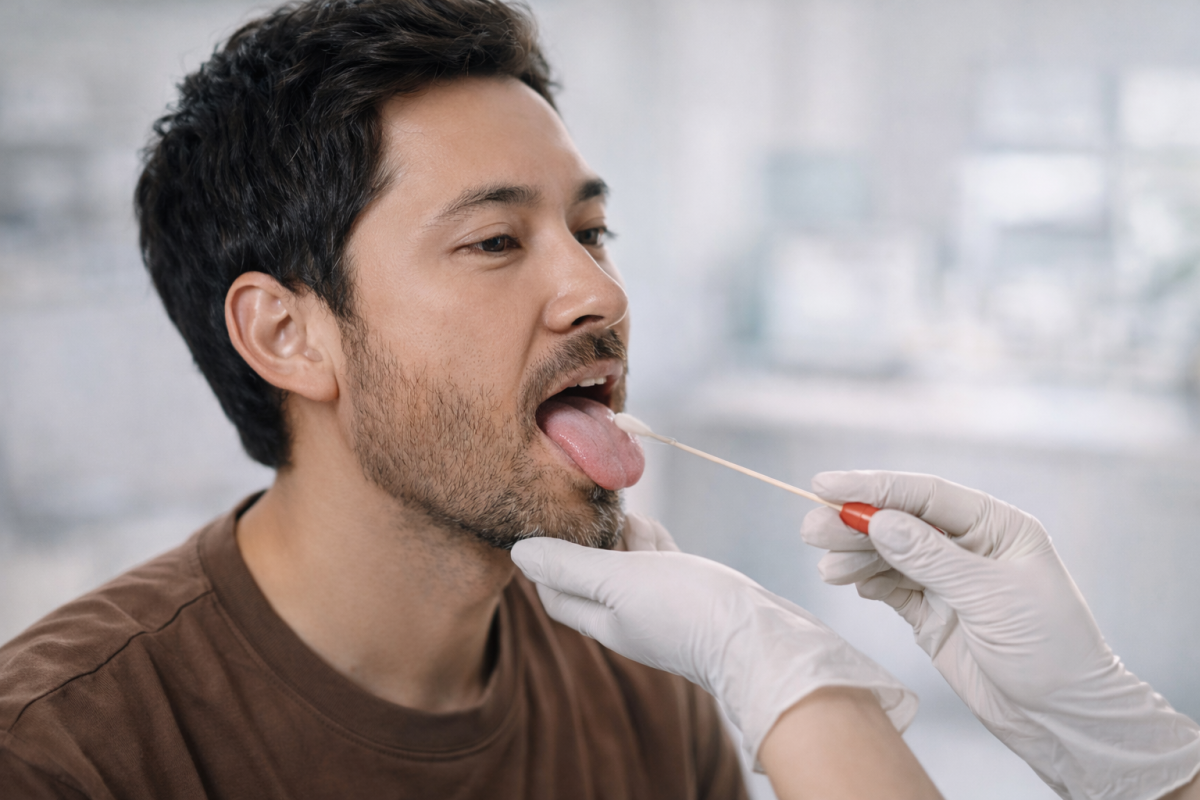 Doctor performing throat swab test to detect STDs transmitted through oral sex
