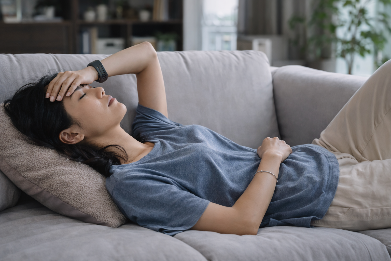 Woman resting with abdominal discomfort, possible untreated STI symptoms requiring medical care.