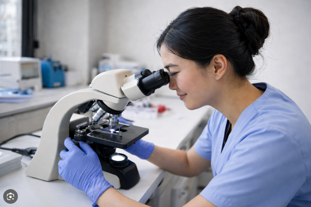 Laboratory professional examining samples under a microscope for analysis related to genital fungal infections.