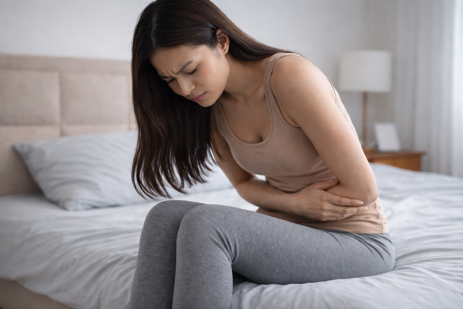 Woman experiencing lower abdominal discomfort, a possible symptom of genital Trichomoniasis infection.