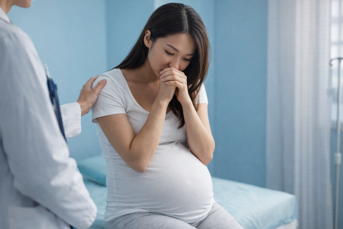 Pregnant woman discussing symptoms of genital Trichomoniasis with doctor during clinical consultation.