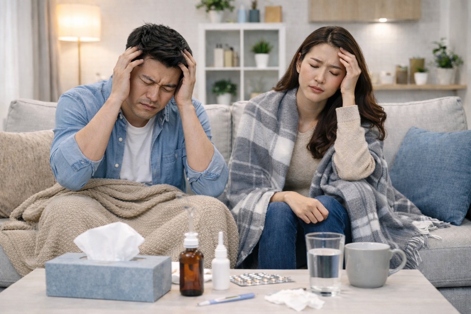 Sepasang suami isteri berasa sakit di atas sofa