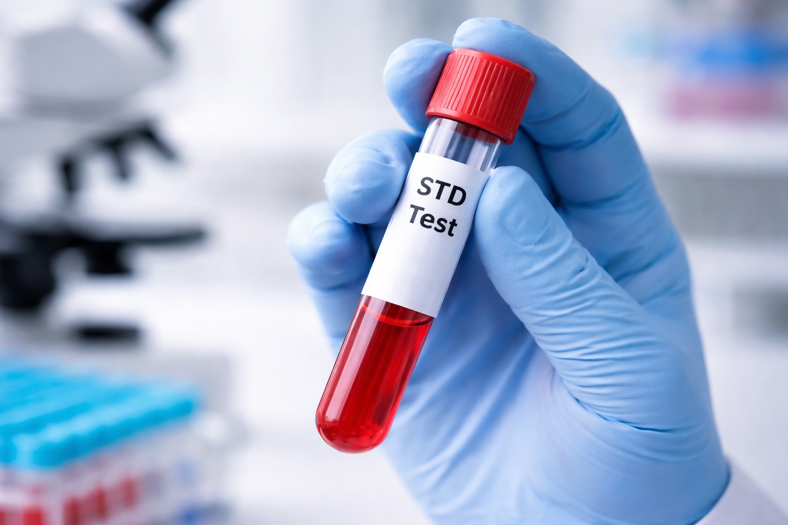Seorang doktor memegang tiub ujian berlabel "Ujian STD".