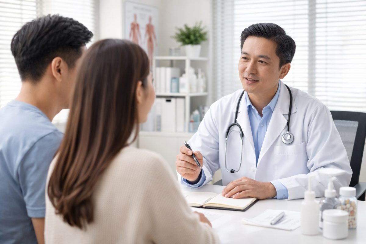 Seorang doktor memberi konsultasi kepada suami isteri.
