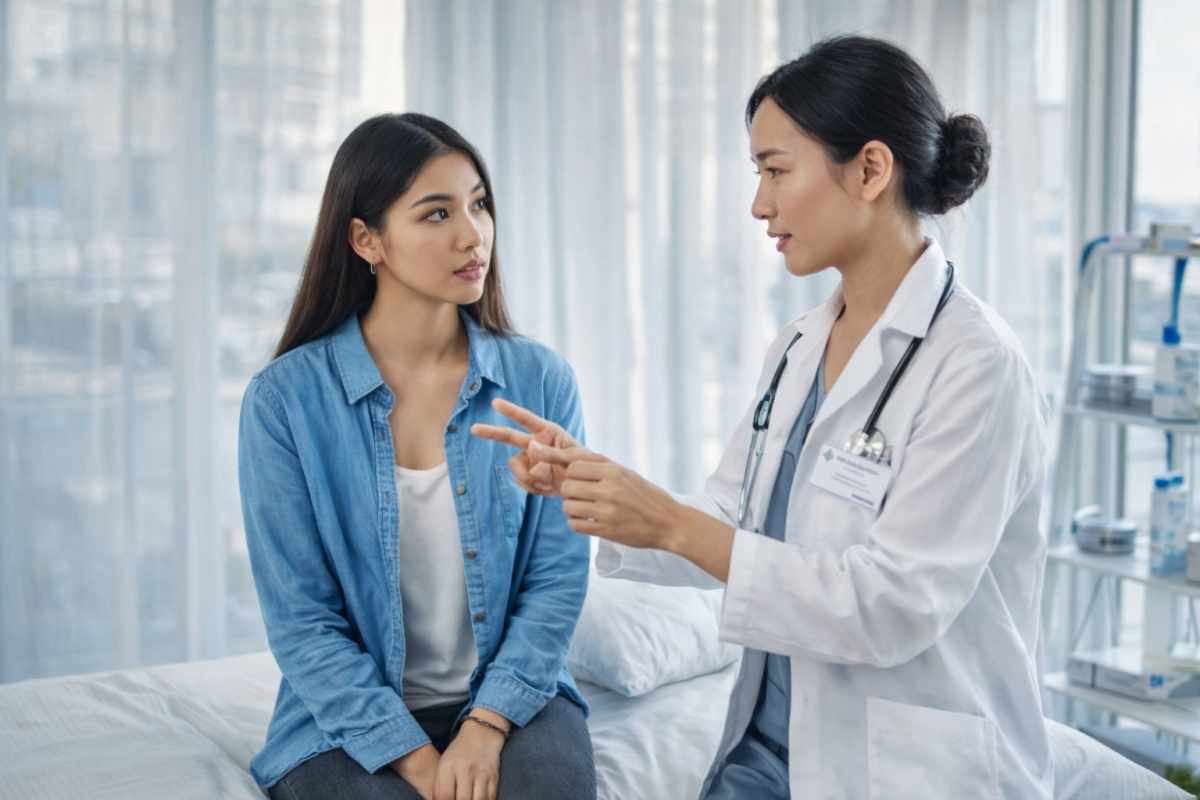 Female doctor explaining sexual pain causes to a young woman during a medical consultation in a clinic setting.