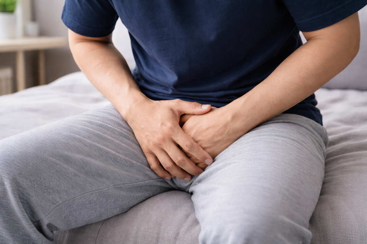 Man sitting on a bed holding groin area due to penile discharge discomfort and irritation