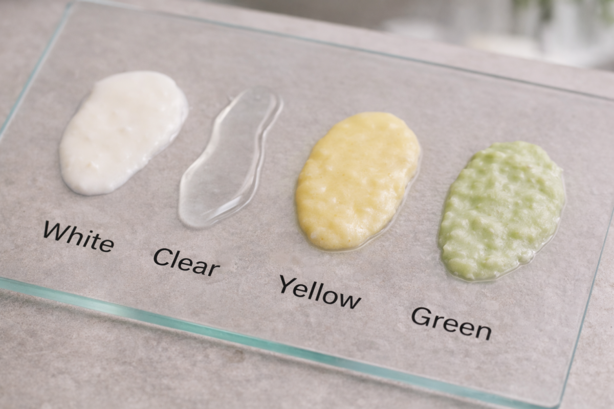 Comparison of white, clear, yellow, and green penile discharge, indicating possible infection