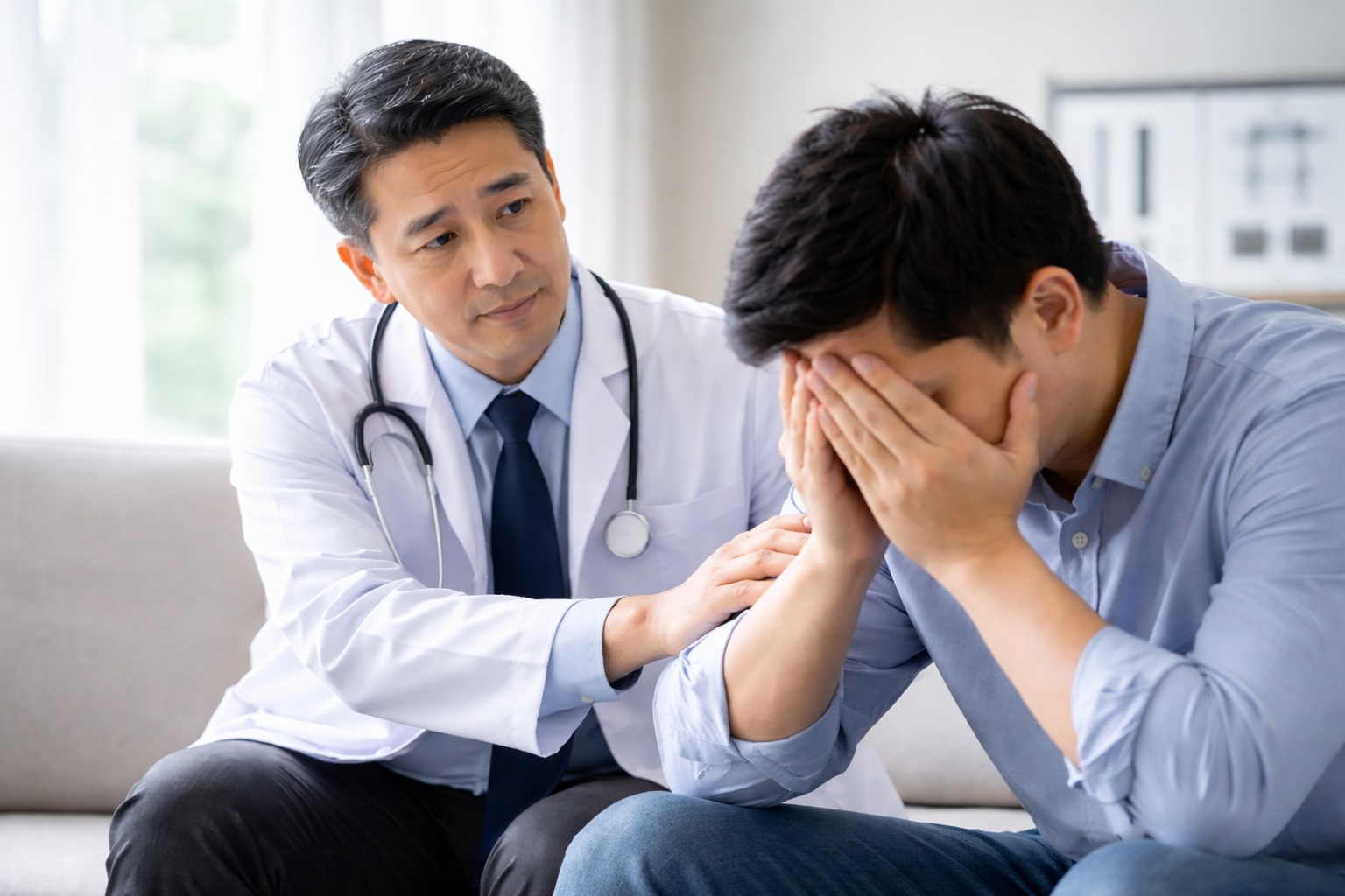 Seorang doktor menenangkan seorang pesakit.