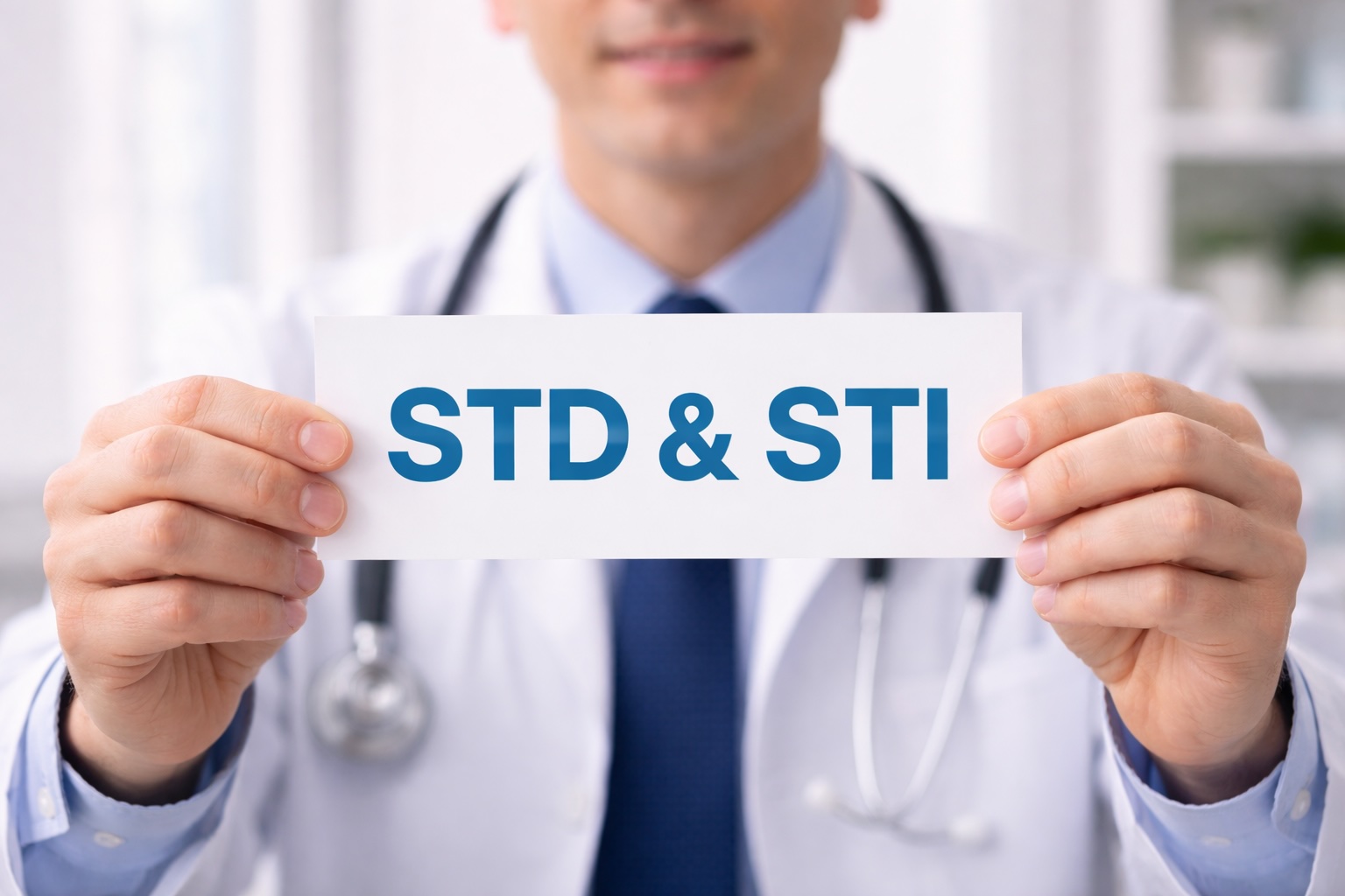 Doktor memegang papan tanda bertulis "STD & STI".