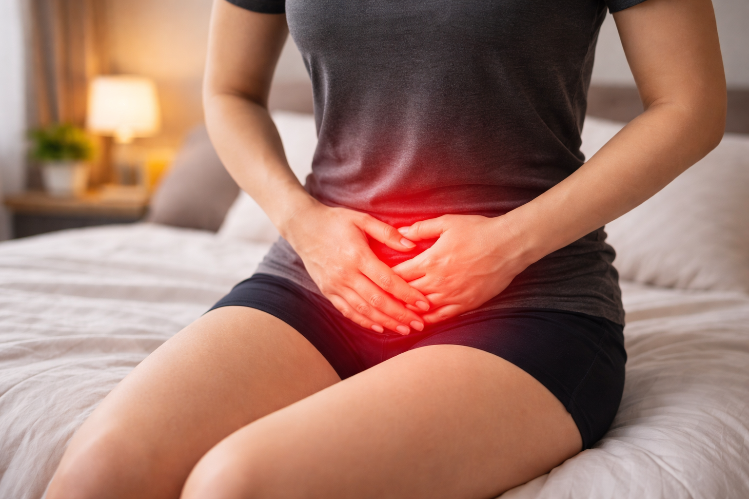 Woman holding lower abdomen with red glow highlighting pelvic pain and genital discomfort symptoms.