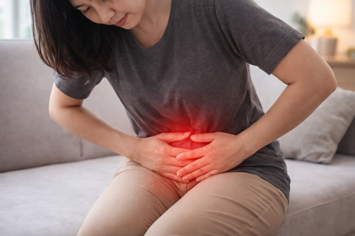 Woman clutching lower abdomen with red highlight indicating burning sensation in genital area.
