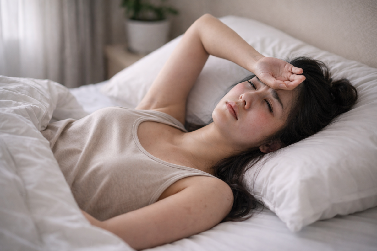 Woman lying in bed with fatigue and discomfort, representing flu-like symptoms seen in early or secondary syphilis.