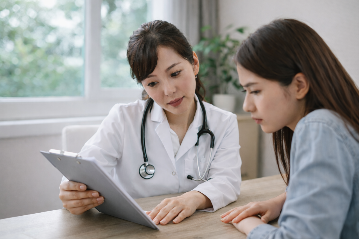 Doctor reviewing results with patient during STD consultation, discussing possible signs and stages of syphilis infection.
