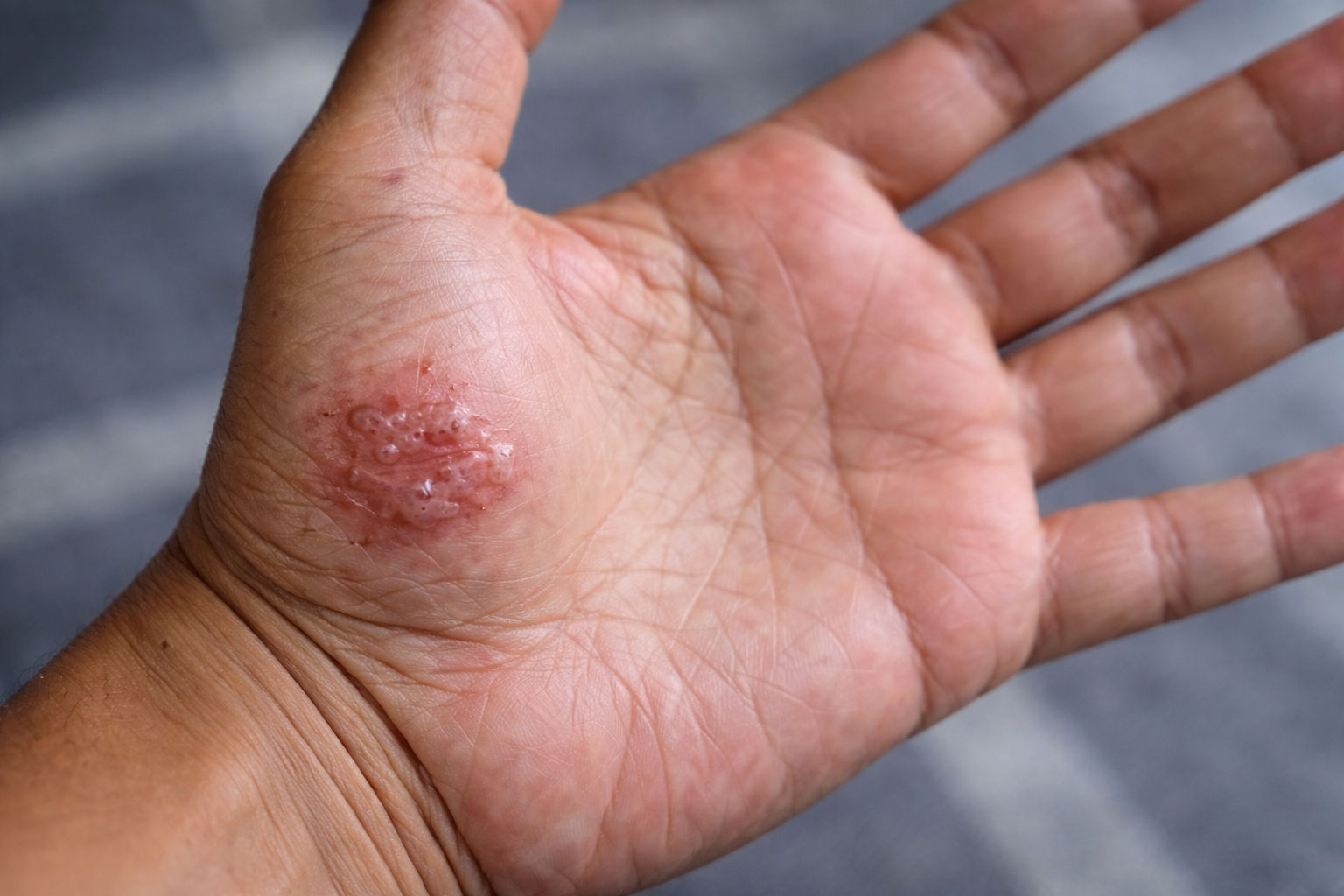 Close-up of palm with circular lesions that may indicate syphilis rash or advanced untreated STD symptoms.