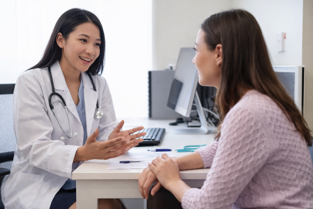 Doctor consulting female patient about STD testing, discussing risks of HIV, syphilis and other serious infections.
