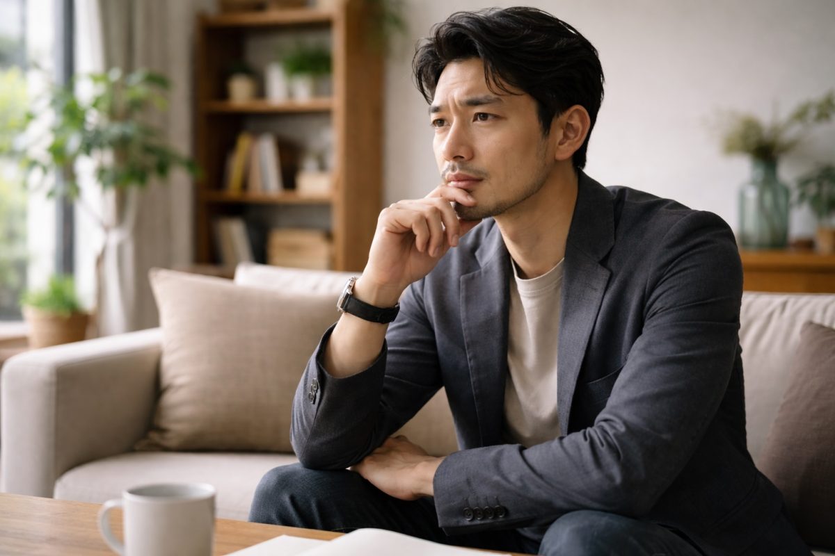 Seorang lelaki termenung duduk di atas sofa