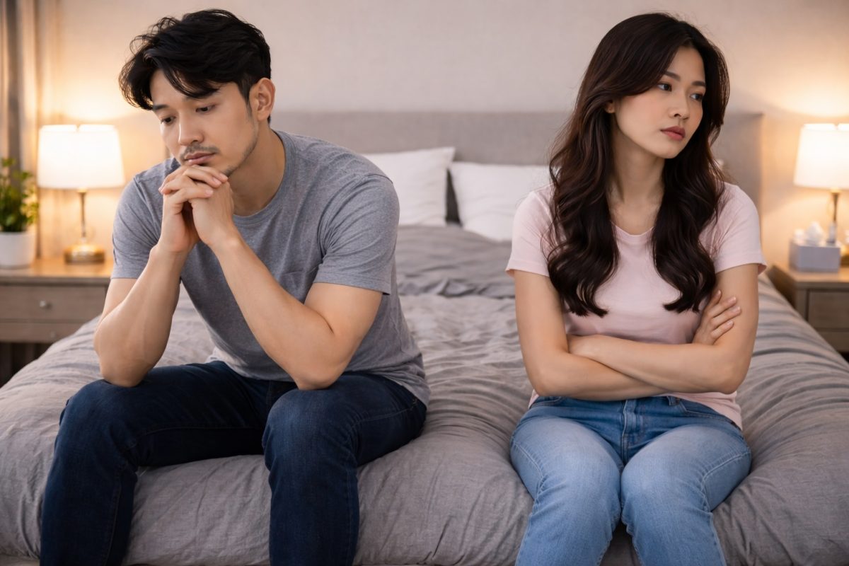 Pasangan yang tidak bahagia duduk di atas katil