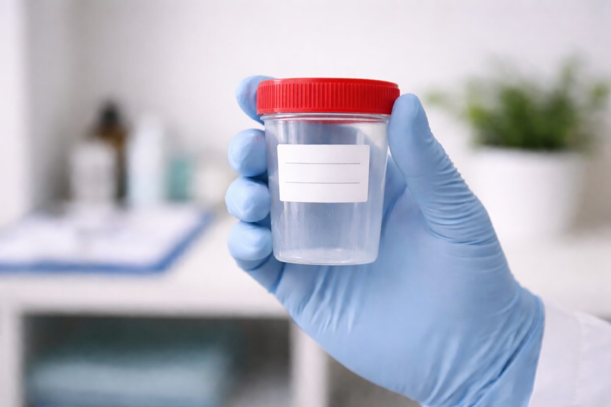 Cawan spesimen kosong di tangan doktor