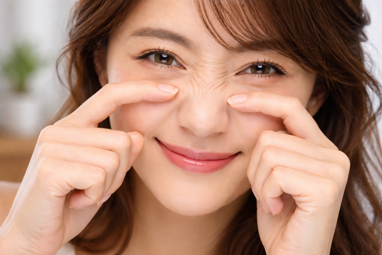 Close-up of bunny lines on nose while smiling, showing dynamic wrinkles formed by facial expressions