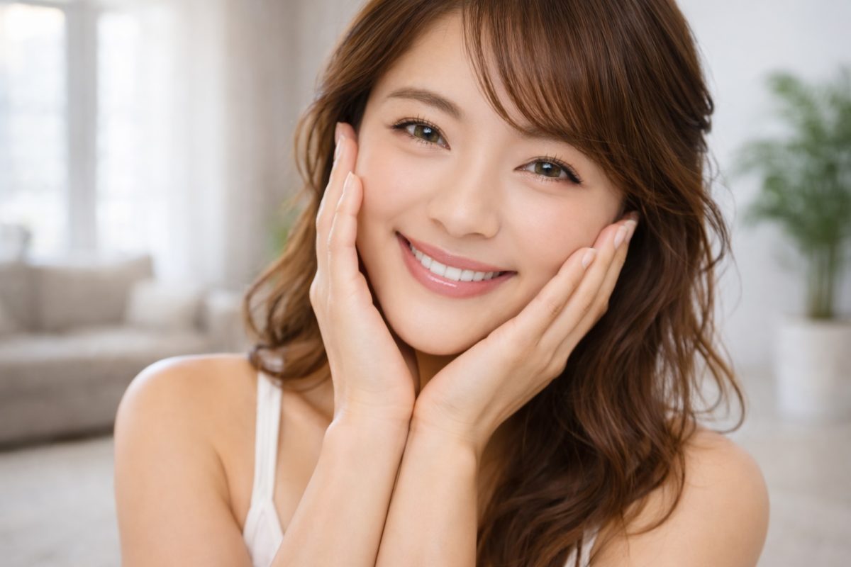 Asian woman with smooth, wrinkle-free skin smiling, showing reduced bunny lines and youthful appearance