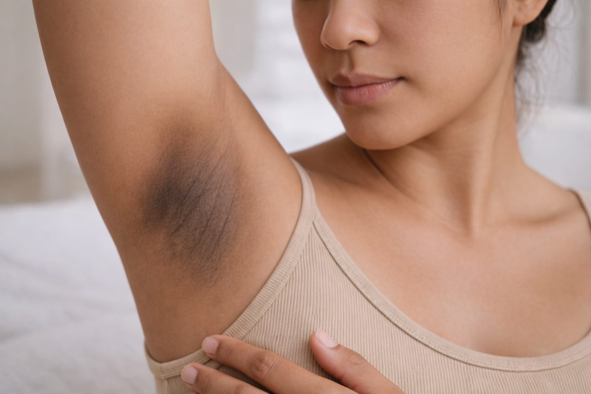 Close-up of dark underarms showing pigmentation and uneven tone caused by friction, shaving, and skin irritation