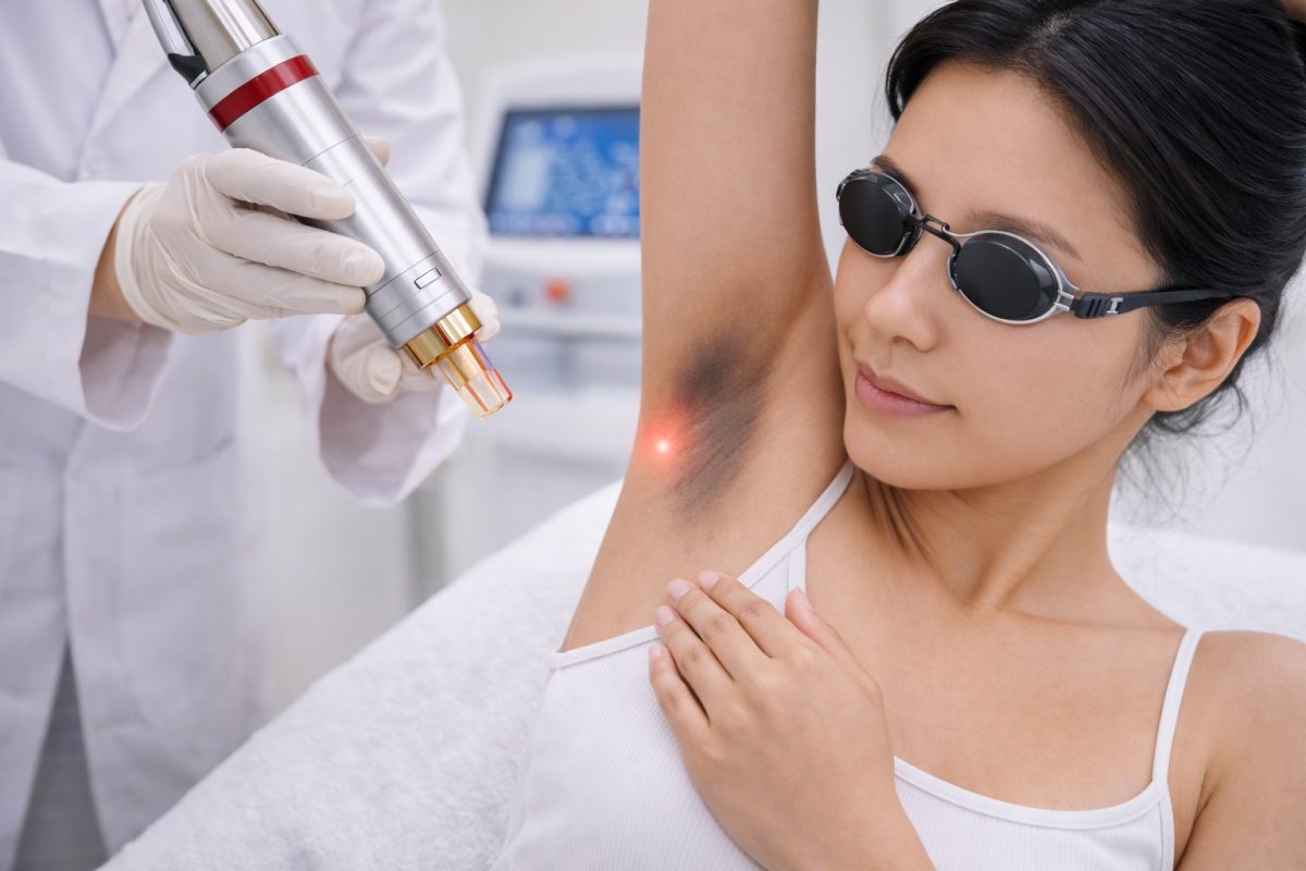 Woman receiving laser treatment for dark underarms, targeting pigmentation and uneven skin tone in an aesthetic clinic