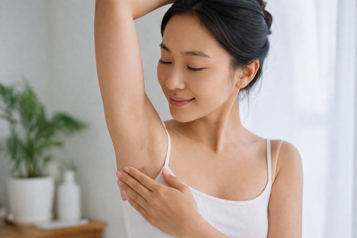 Asian woman with brighter, smoother underarms after treatment, showing even skin tone and improved underarm appearance