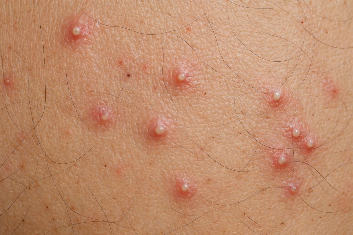 Multiple folliculitis pustules on skin with visible hair follicles showing bacterial infection and inflammation