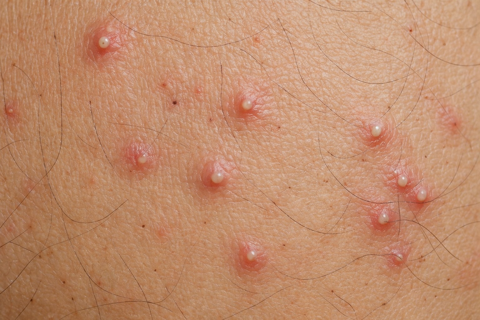 Multiple folliculitis pustules on skin with visible hair follicles showing bacterial infection and inflammation