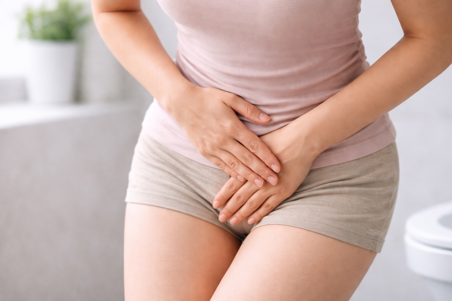 Woman holding lower abdomen, indicating genital discomfort, irritation, or hygiene-related intimate health concerns