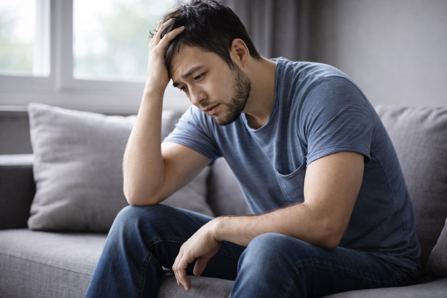 Man sitting on sofa holding head in distress, representing anxiety or discomfort linked to genital numbness or health concerns