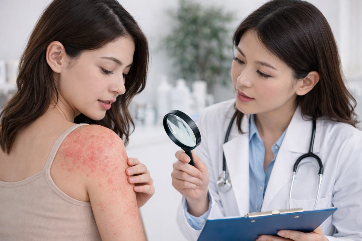 Doctor examining heat rash on the shoulder using a magnifier, showing the diagnosis and treatment of the miliaria skin condition