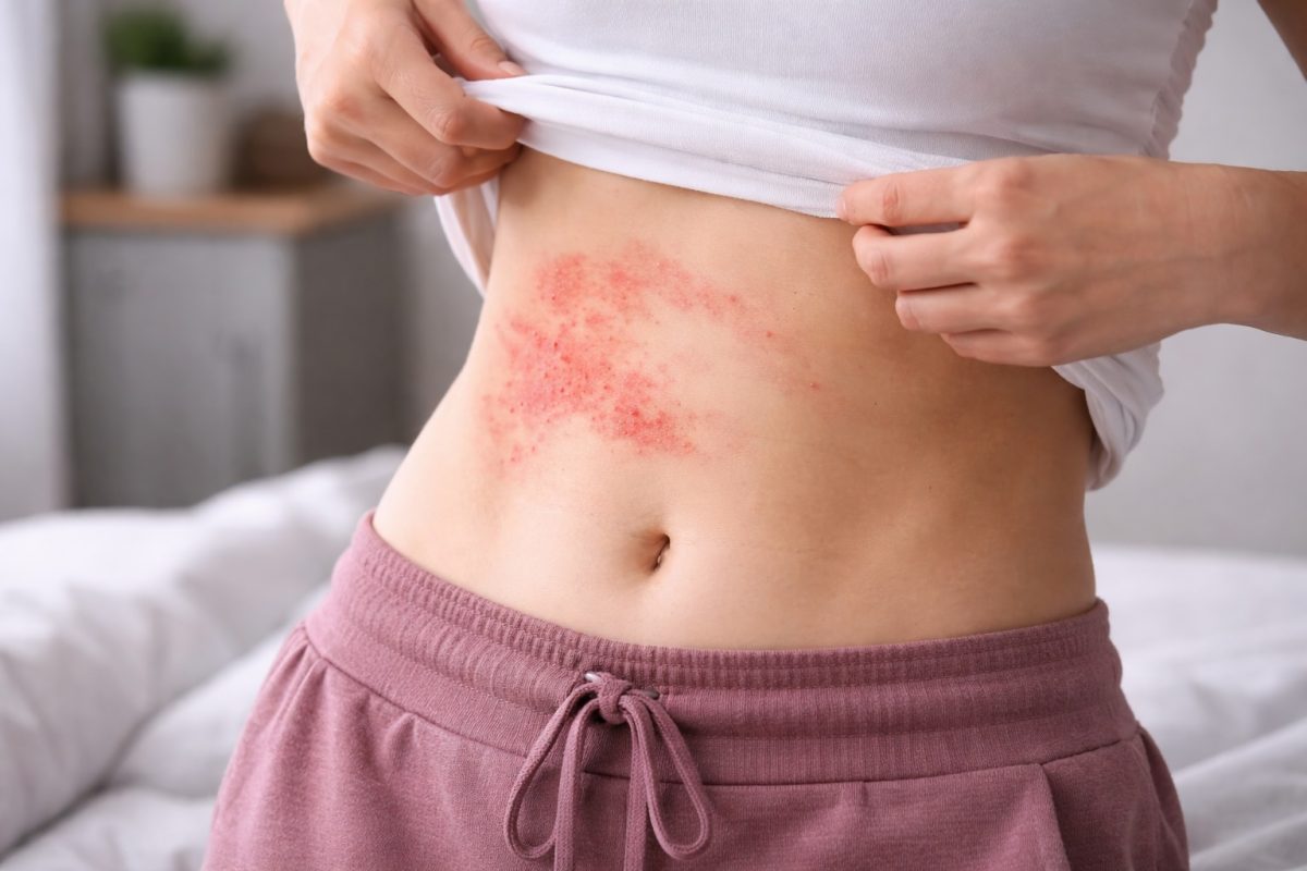 Close-up of abdominal skin rash on a woman, illustrating possible HIV-related skin symptoms or early infection signs