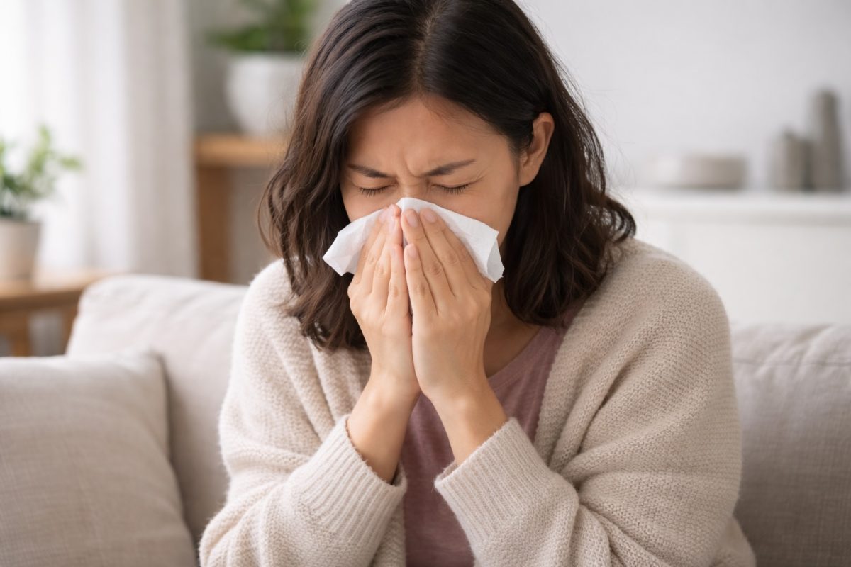 Woman sneezing into a tissue at home, showing flu-like symptoms that may appear in the early stages of HIV infection